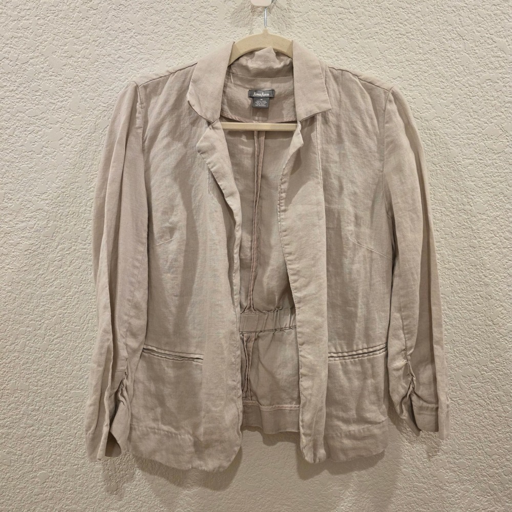 Neiman Marcus Womens Beige 100% Linen Open Front Cinched Waist Blazer Size M